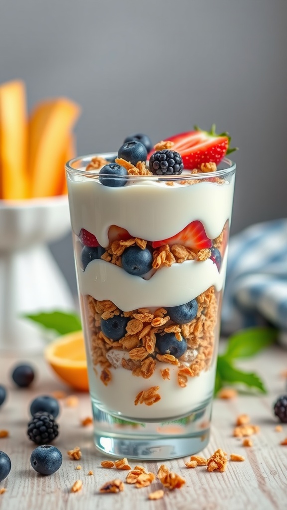 A delicious Greek yogurt parfait layered with granola and fresh berries.