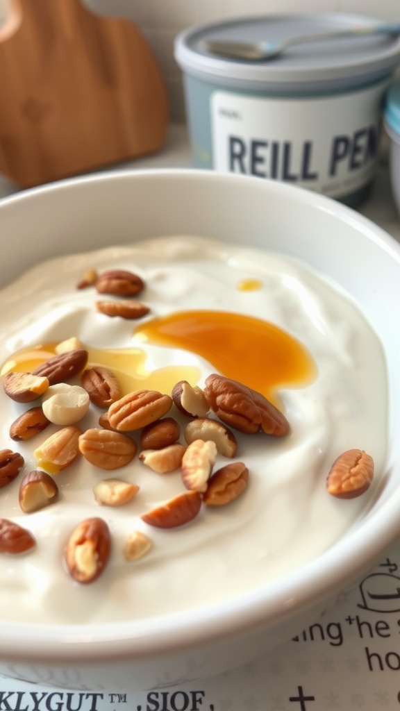 A bowl of Greek yogurt topped with nuts and honey.