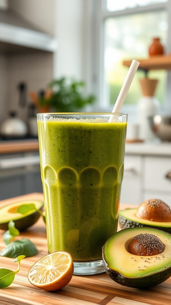 A green smoothie in a glass with avocado and lemon slices on a wooden board.