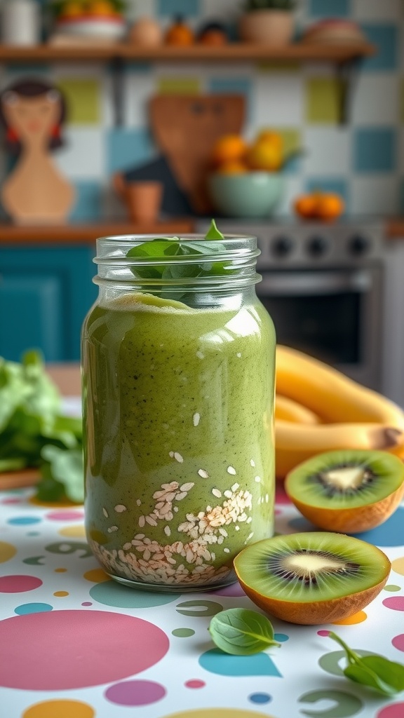 A jar of green protein smoothie overnight oats with fresh ingredients.