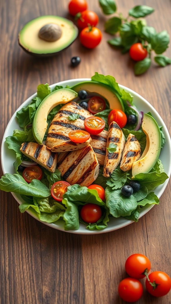 A delicious grilled chicken salad with avocado, cherry tomatoes, and mixed greens.