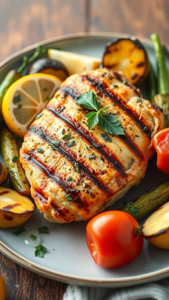 Grilled lemon herb chicken served with vegetables