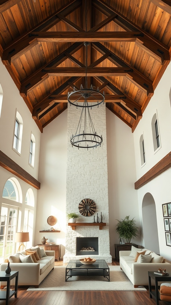 Living room with handcrafted wooden beams, a tall stone fireplace, and cozy furniture.