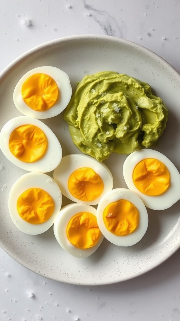 Hard-boiled eggs served with mashed avocado on a plate