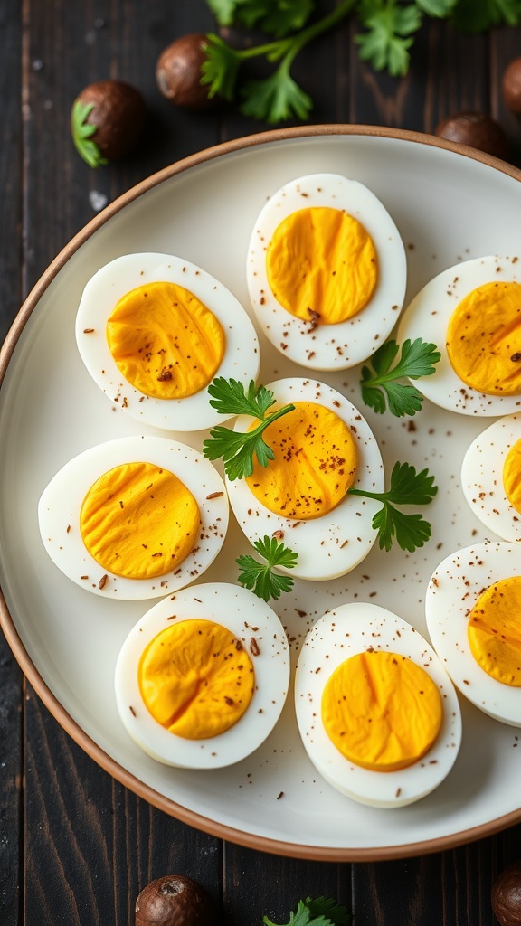 Hard-boiled eggs garnished with seasoning and herbs on a plate