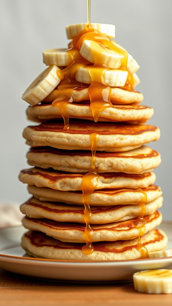 Stack of healthy banana protein pancakes with syrup and banana slices