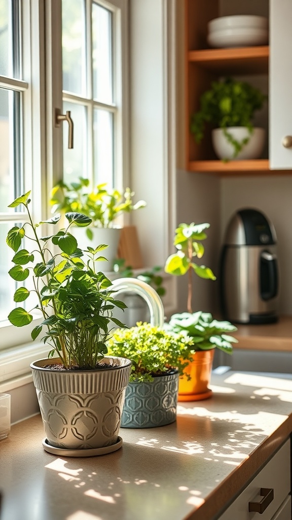 Small kitchen counter with decorative pots containing herbs.