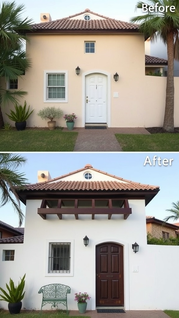 Before and after images of an old Spanish style home showing restoration changes.