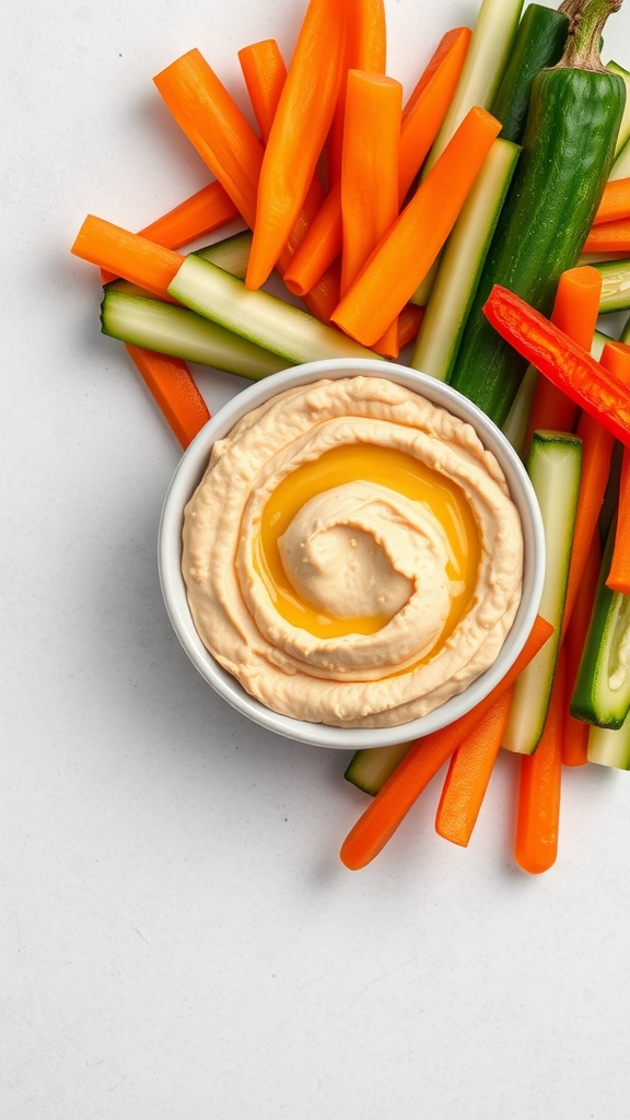 A bowl of hummus surrounded by fresh vegetable sticks.