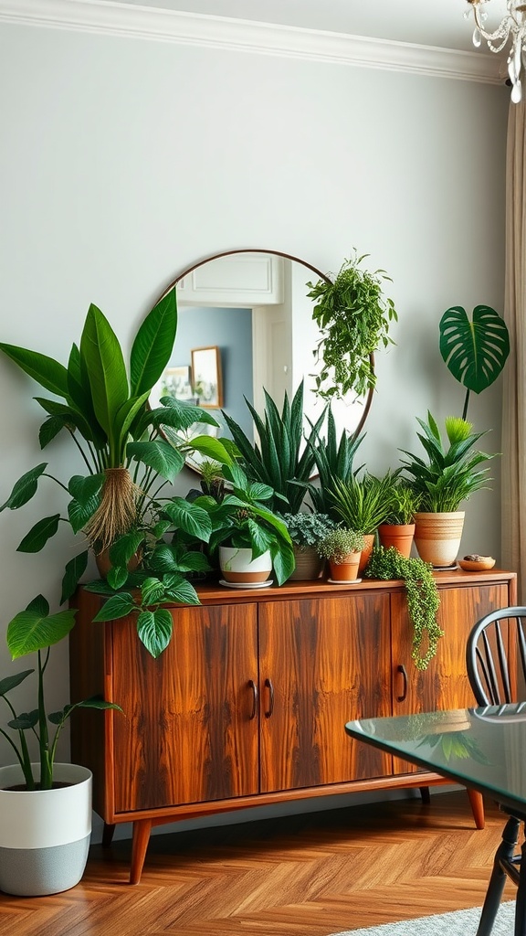 A dining room sideboard styled with various plants and a circular mirror.