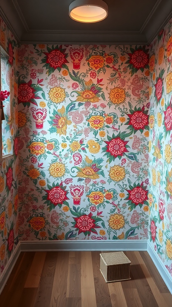 A brightly colored removable wallpaper featuring floral patterns in a room.