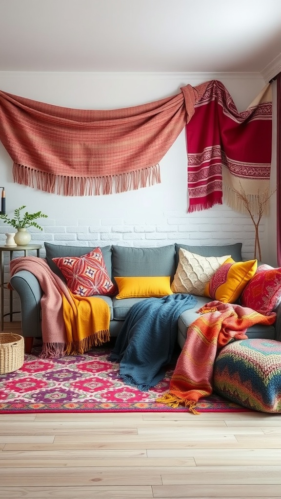 A cozy living room with layered textiles including blankets, pillows, and wall hangings.