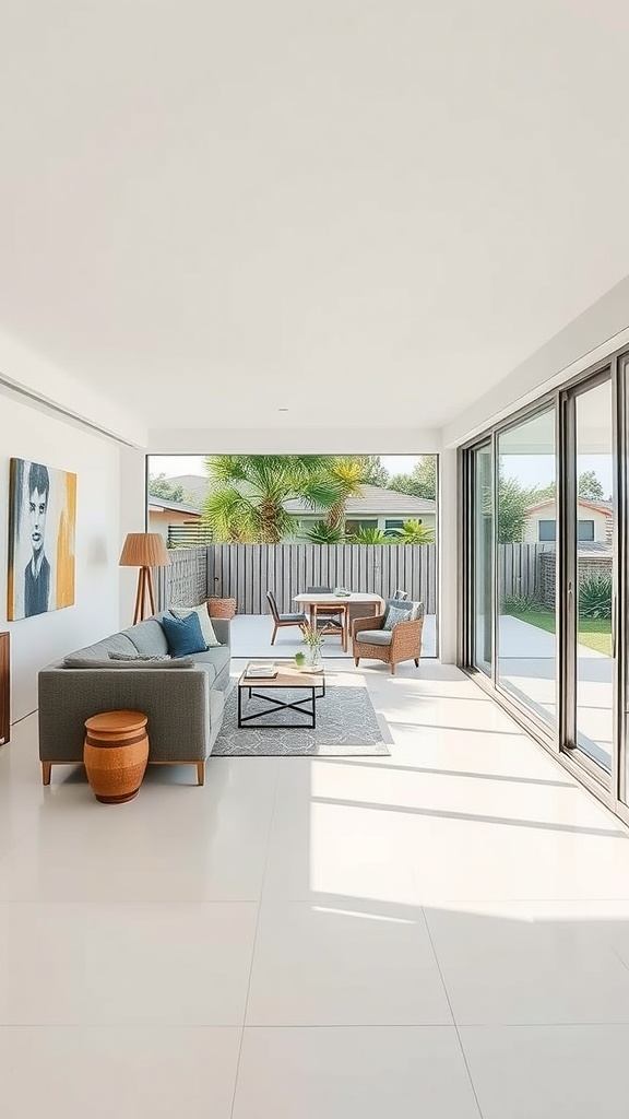 Modern living room with large glass doors leading to an outdoor space, featuring minimalistic furniture and bright lighting.