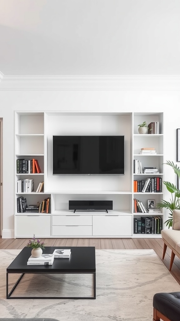 Integrated bookshelf and media center with books and a television.