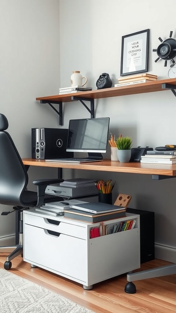 Home office setup featuring integrated storage shelves and a drawer unit for organization.