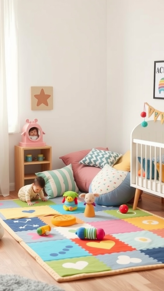 A cozy interactive play area with colorful mats and toys in a nursery setting.