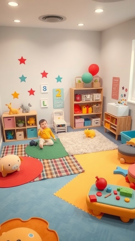 A colorful nursery corner with soft mats and toys for a playful atmosphere.