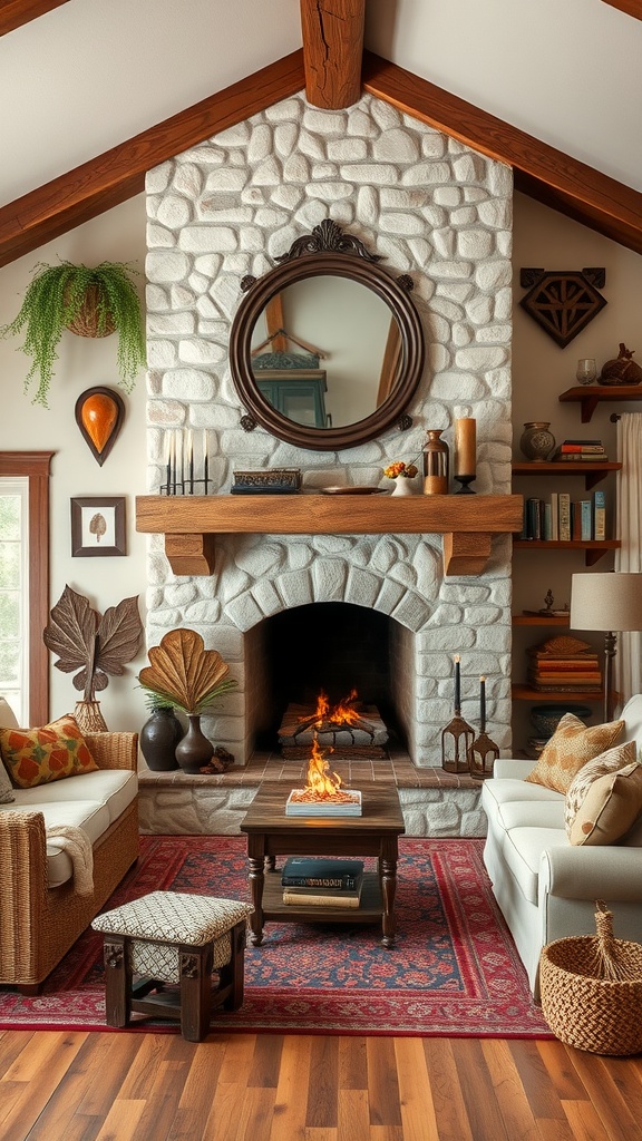 A cozy living room featuring a stone fireplace, wooden beams, and comfortable seating.