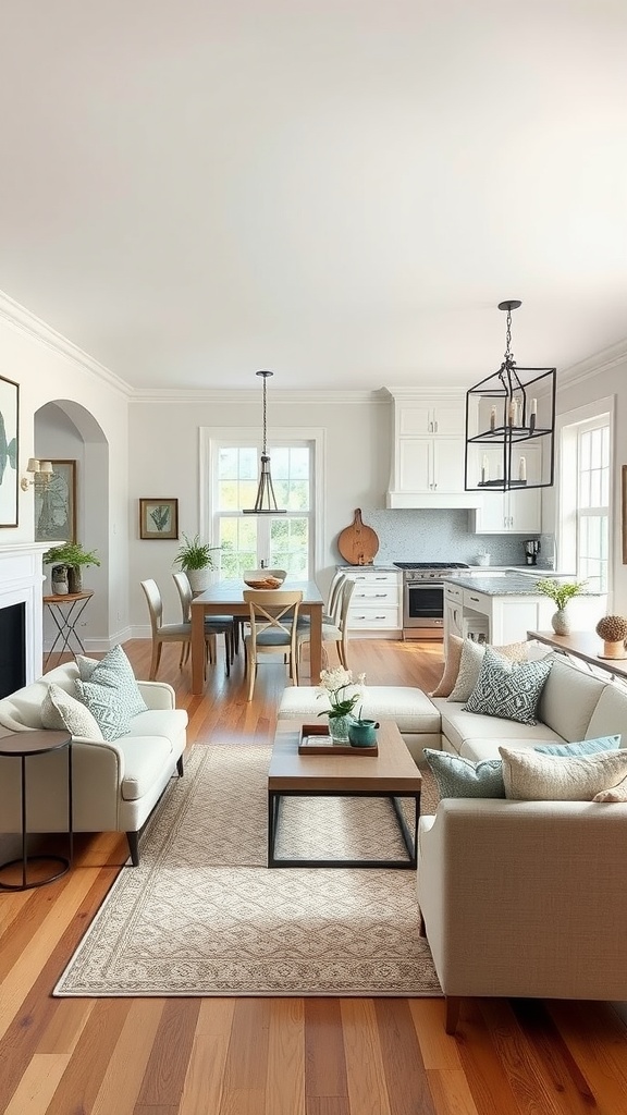 A modern French country style living room with an open-concept layout, featuring light colors, wooden floors, and comfortable seating.