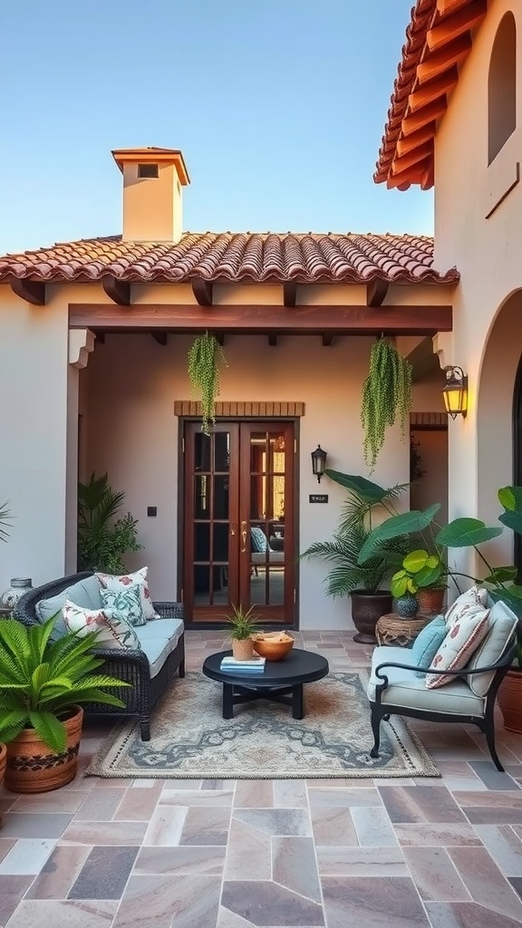 A cozy outdoor living space with comfortable seating, plants, and a central table.