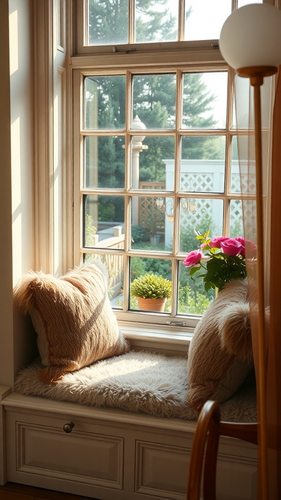 A cozy window seat with fluffy pillows and a view of greenery outside.