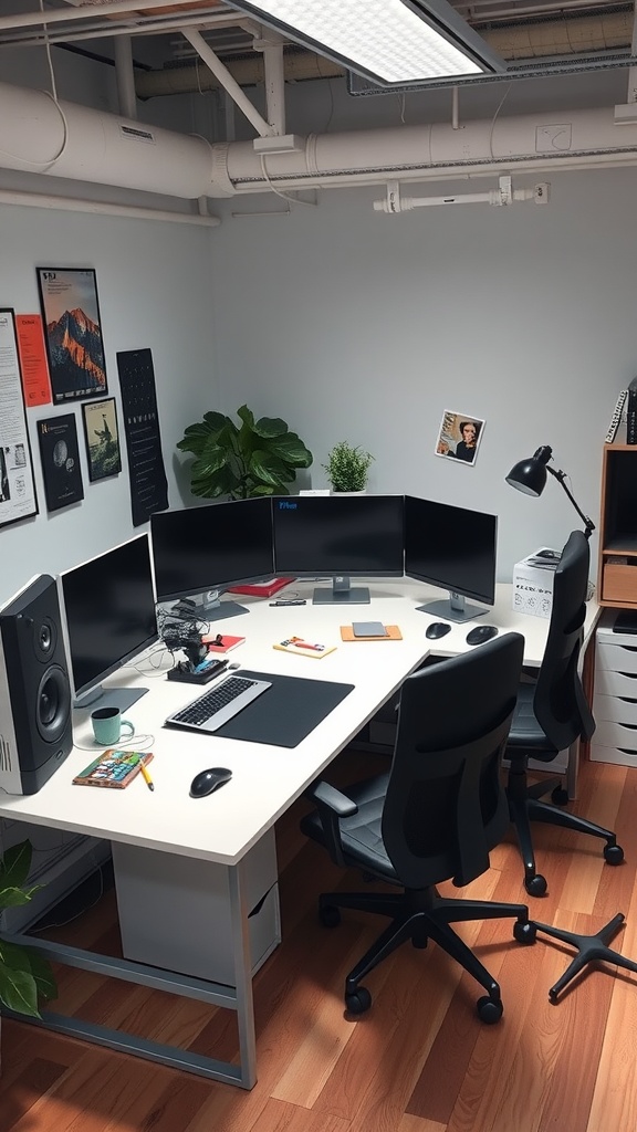 A modern L-shaped desk setup in a home office with multiple monitors and a tidy workspace.