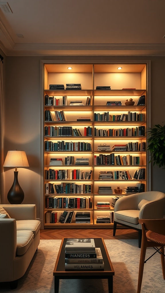 A cozy living room with a well-lit bookshelf, a comfortable chair, and a coffee table.