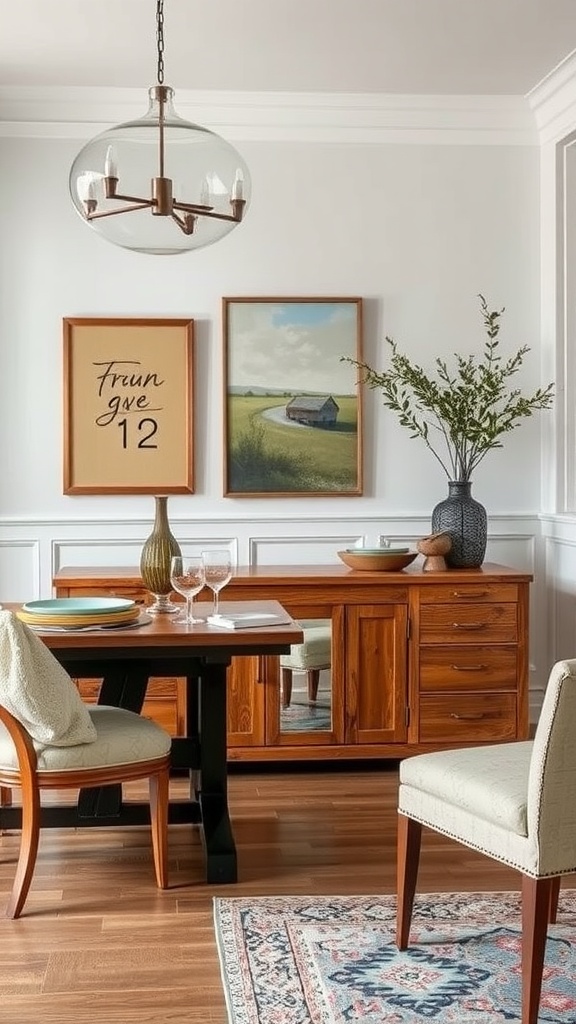 A cozy dining room setup featuring a sideboard with layered textures, including ceramics and wood.