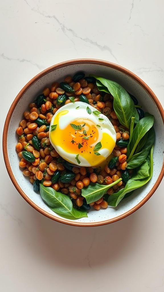 A delicious lentil and spinach harvest bowl with a poached egg on top.