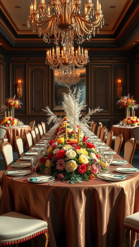 A beautifully arranged table with luxurious floral centerpieces, featuring various colorful flowers and elegant table settings.