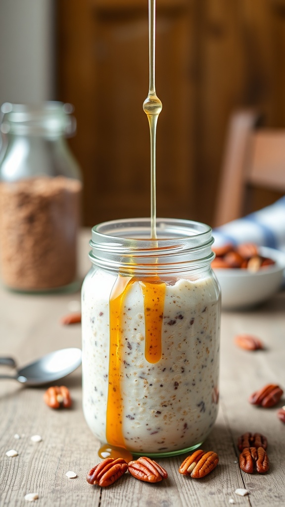 A jar of creamy overnight oats topped with maple syrup and pecans