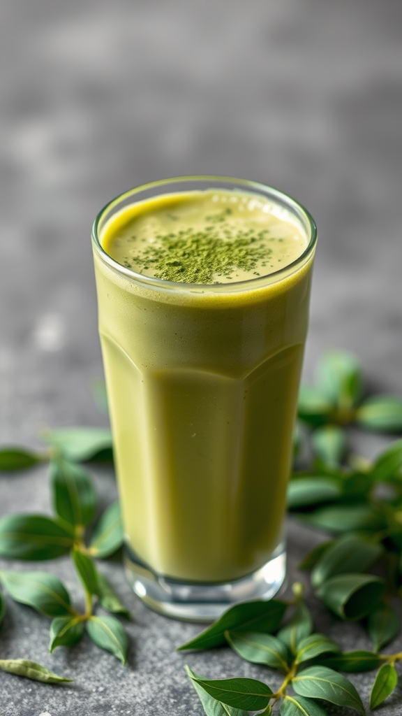 Matcha Green Tea Smoothie in a glass, surrounded by green leaves.