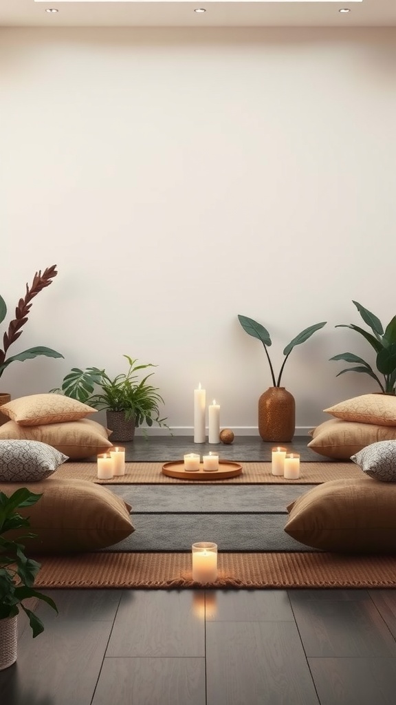 A cozy meditation space featuring pillows, candles, and plants.