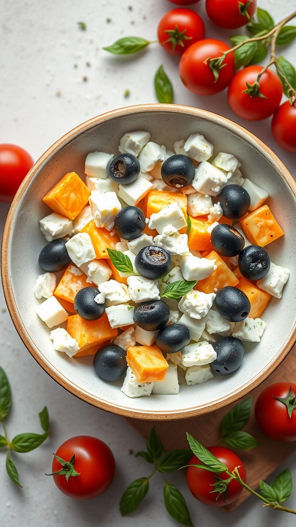 Mediterranean egg salad with feta cheese and olives in a bowl.