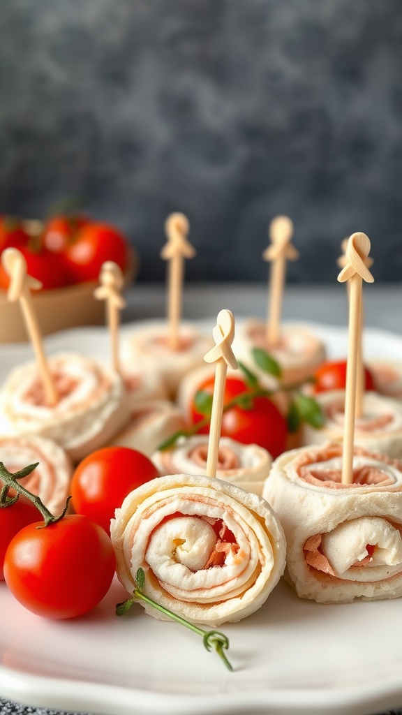 Mini turkey and cheese roll-ups served with cherry tomatoes