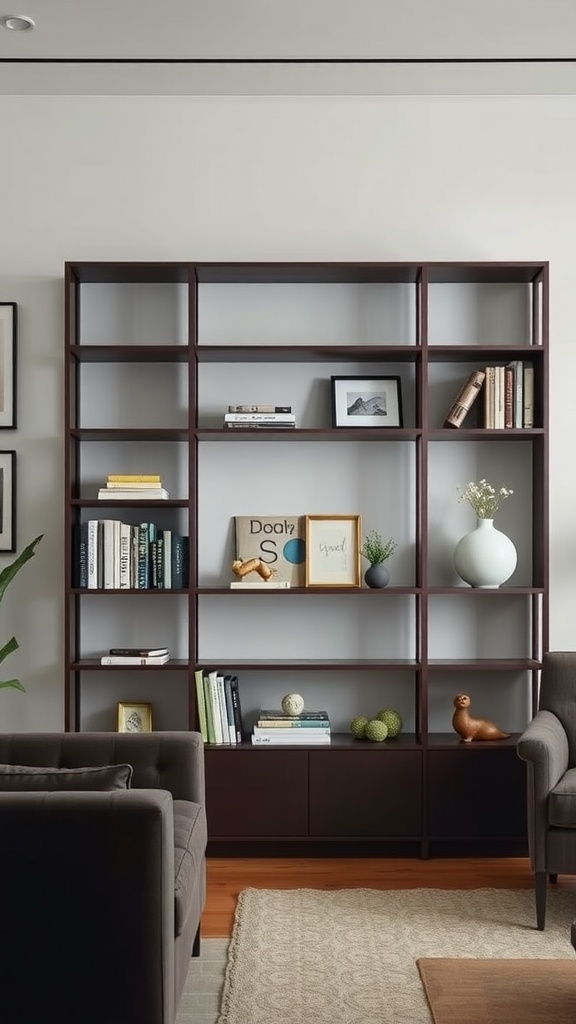 Minimalist bookshelf arrangement in a stylish living room.