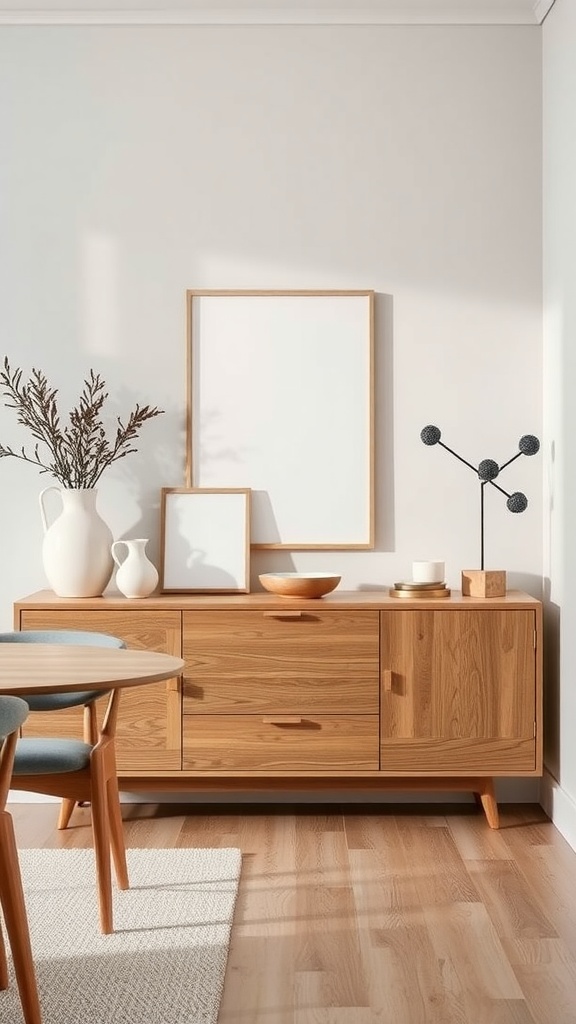 A minimalist dining room sideboard in neutral tones with wooden accents.