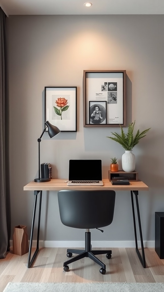 A minimalist wall-mounted desk setup featuring a laptop, books, and decorative items.