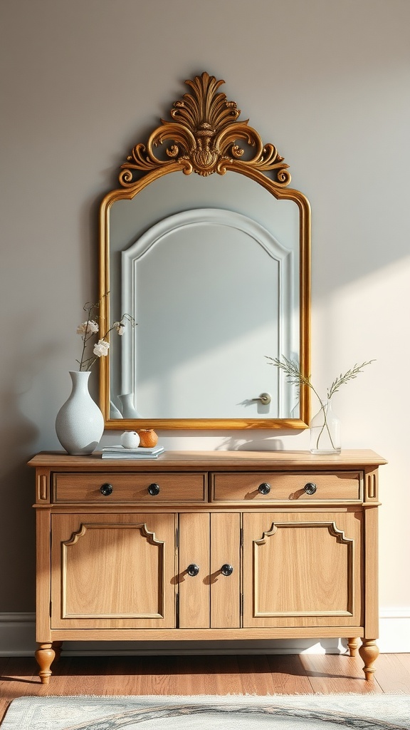 A wooden sideboard with a decorative mirror above it, featuring a vase and minimalist decor.