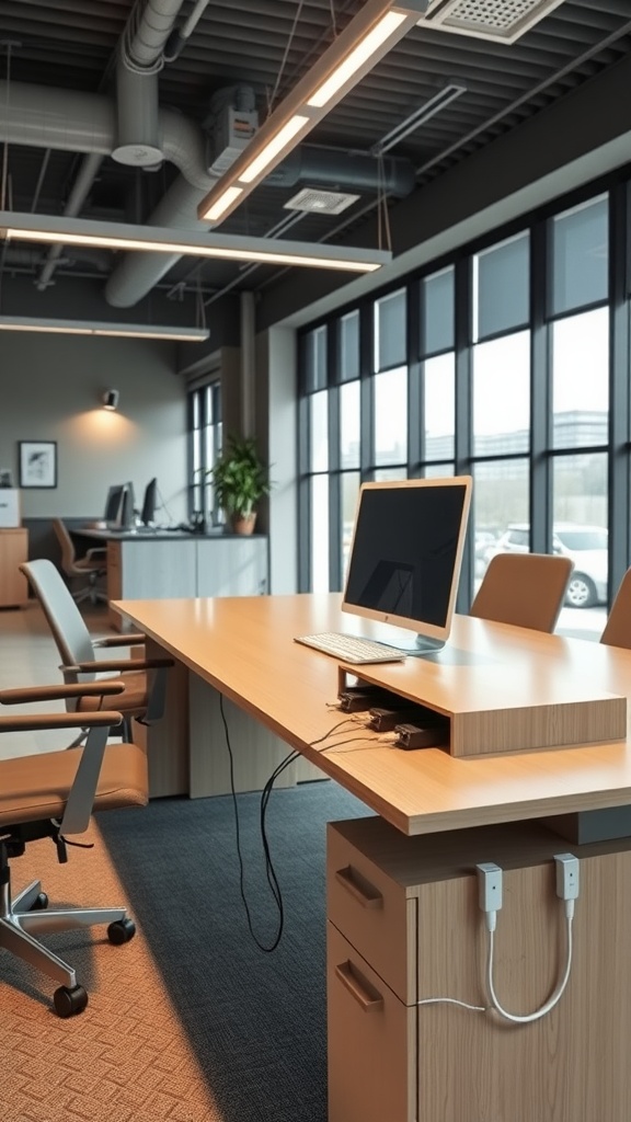 A modern home office desk with built-in features and a computer setup.