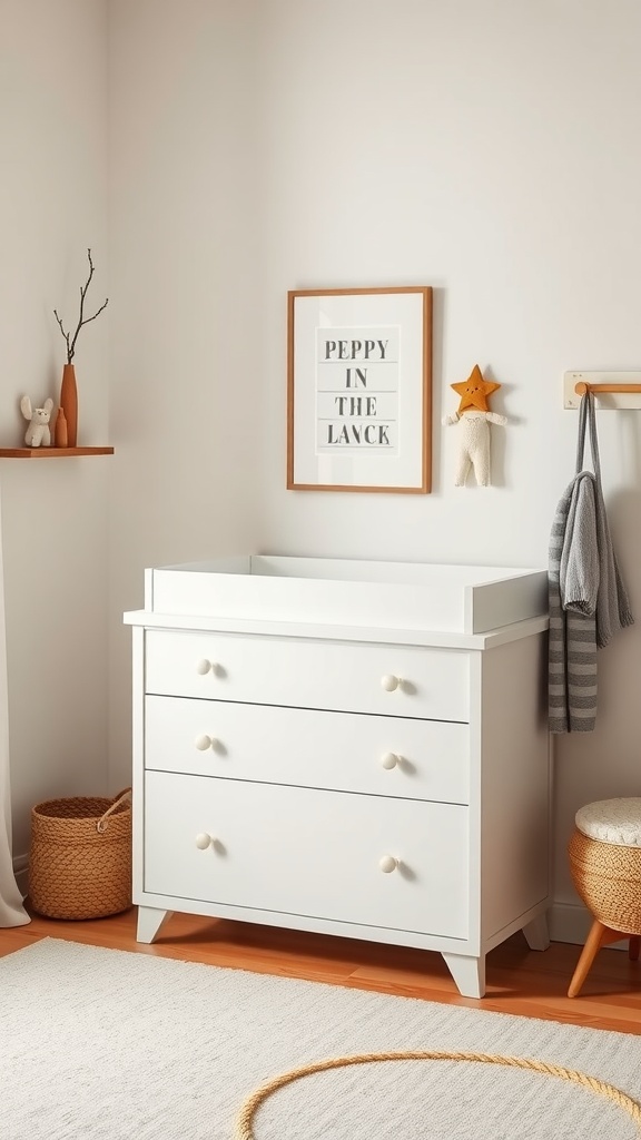 A changing table with drawers and decorative wall art in a nursery corner