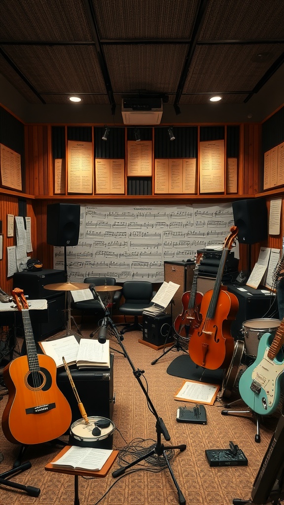 A cozy music room filled with various musical instruments and sheet music.