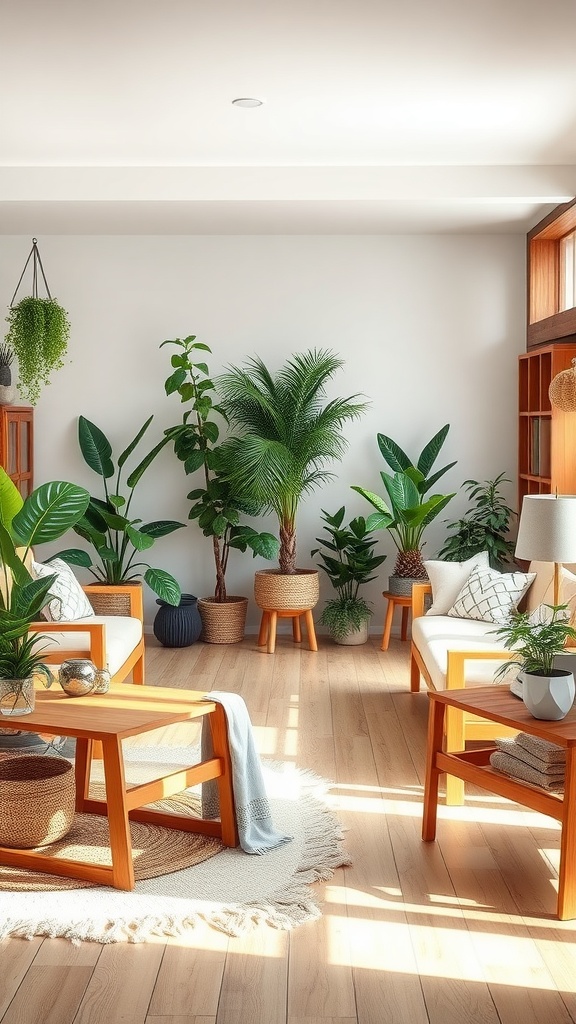 A cozy living room with wooden furniture and various indoor plants.