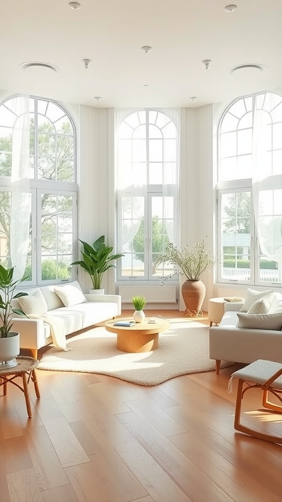 A bright living room with large windows, light furniture, and plants, showcasing a cozy atmosphere.