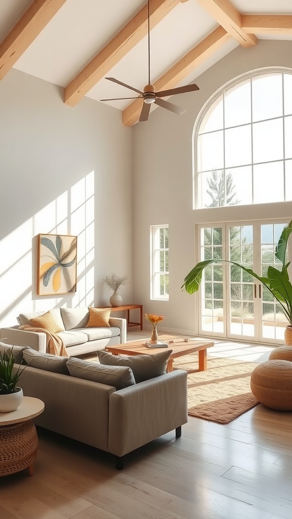 A bright and airy living room with large windows, high ceilings, and rustic decor.