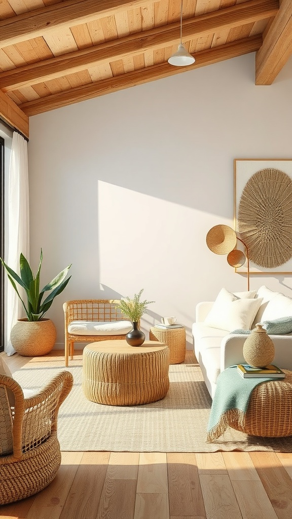 Cozy beach house interior featuring natural materials and textures, with wooden beams, rattan furniture, and soft textiles.