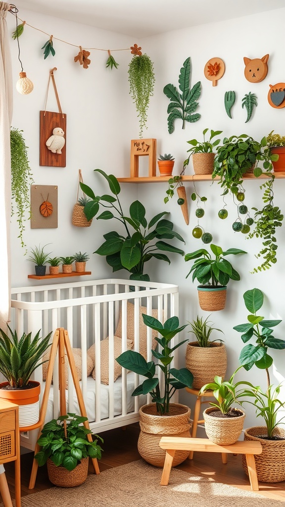 A nursery corner decorated with various plants and a crib.