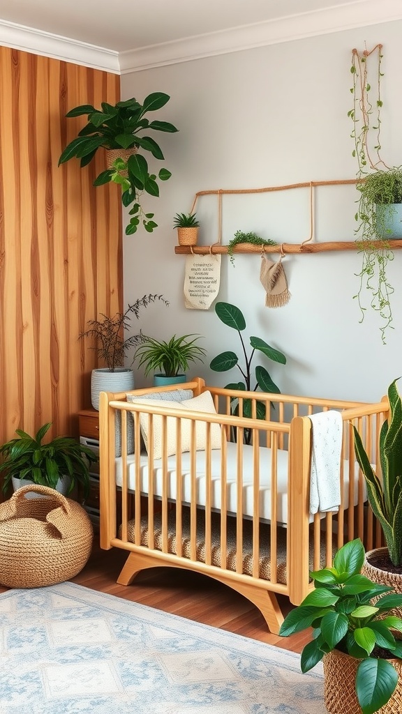 A nursery corner featuring a wooden crib surrounded by indoor plants and natural decor.