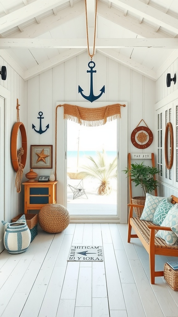 A bright beach house interior featuring nautical decor with anchors, ropes, and a cozy seating area.