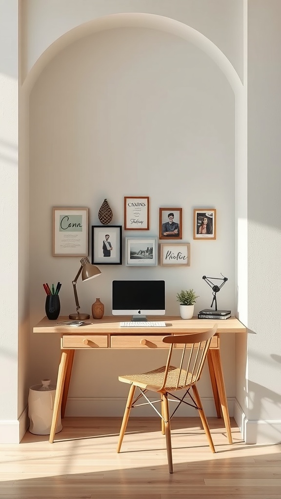 A stylish home office built-in desk with a computer and decorative elements.